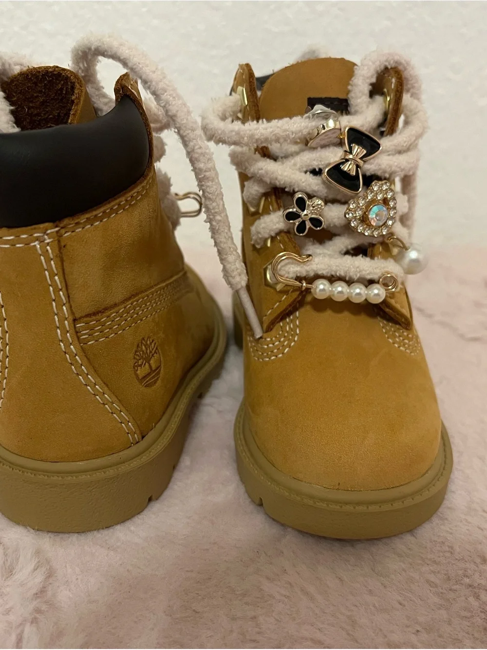 Timberland Toddler Wheat/Tan Suede Lace-Up Boots with Charm Accents